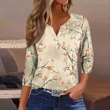 Женский свободный повседневный топ с цветочным принтом и V-образным вырезом с рукавами семь четвертей Топ с V-образным вырезом и рукавами семь четвертей L бежевый