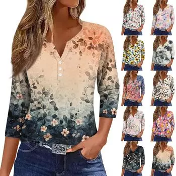 Женский свободный повседневный топ с цветочным принтом и V-образным вырезом с рукавами семь четвертей Топ с V-образным вырезом и рукавами семь четвертей M бежевый