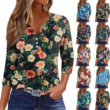 Женский свободный повседневный топ с цветочным принтом и V-образным вырезом с рукавами семь четвертей Топ с V-образным вырезом и рукавами семь четвертей XXXL