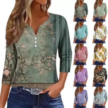 Женский свободный повседневный топ с цветочным принтом и V-образным вырезом с рукавами семь четвертей Топ с V-образным вырезом и рукавами семь четвертей S бежевый