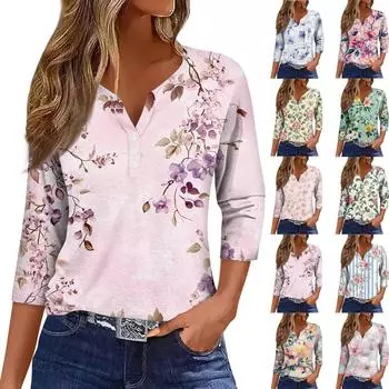 Женский свободный повседневный топ с цветочным принтом и V-образным вырезом с рукавами семь четвертей Топ с V-образным вырезом и рукавами семь четвертей S