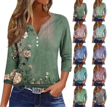 Женский свободный повседневный топ с цветочным принтом и V-образным вырезом с рукавами семь четвертей Топ с V-образным вырезом и рукавами семь четвертей XXXL синий
