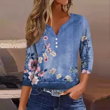 Женский свободный повседневный топ с цветочным принтом и V-образным вырезом с рукавами семь четвертей Топ с V-образным вырезом и рукавами семь четвертей L