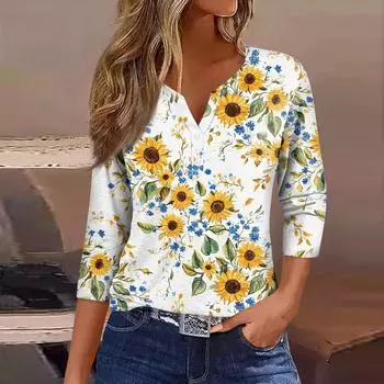Женский свободный повседневный топ с цветочным принтом и V-образным вырезом с рукавами семь четвертей Топ с V-образным вырезом и рукавами семь четвертей S