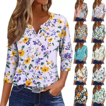 Женский свободный повседневный топ с цветочным принтом и V-образным вырезом с рукавами семь четвертей Топ с V-образным вырезом и рукавами семь четвертей S
