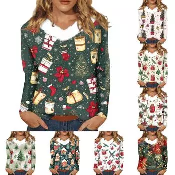 Женский свободный повседневный топ с длинными рукавами и рождественским принтом, плюшевый воротник, V-образный вырез, топ с длинными рукавами XXXL