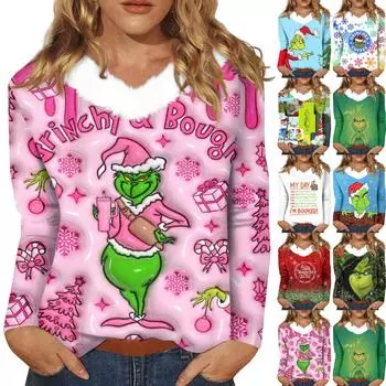 Женский свободный повседневный топ с длинными рукавами и рождественским принтом, плюшевый воротник, V-образный вырез, топ с длинными рукавами XL розовый