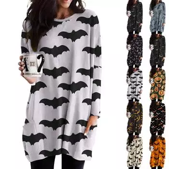 Женский свободный повседневный топ с длинными рукавами и круглым вырезом на Хэллоуин с принтом и карманами M