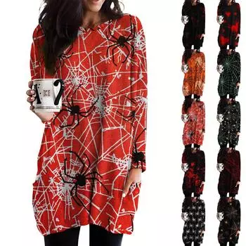 Женский свободный повседневный топ с длинными рукавами и круглым вырезом на Хэллоуин с принтом и карманами XXL зелёный