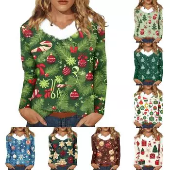 Женский свободный повседневный топ с длинными рукавами и рождественским принтом, плюшевый воротник, V-образный вырез, топ с длинными рукавами L