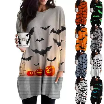 Женский свободный повседневный топ с длинными рукавами и круглым вырезом на Хэллоуин с принтом и карманами XL киноварь