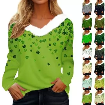 Женский свободный повседневный топ с длинными рукавами и принтом из плюша с V-образным вырезом, топ с длинными рукавами XXL