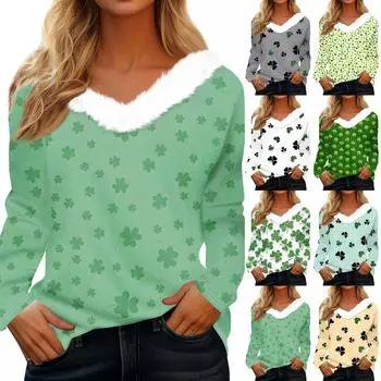 Женский свободный повседневный топ с длинными рукавами и принтом из плюша с V-образным вырезом, топ с длинными рукавами M