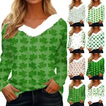 Женский свободный повседневный топ с длинными рукавами и принтом из плюша с V-образным вырезом, топ с длинными рукавами XXL