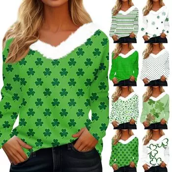 Женский свободный повседневный топ с длинными рукавами и принтом из плюша с V-образным вырезом, топ с длинными рукавами M