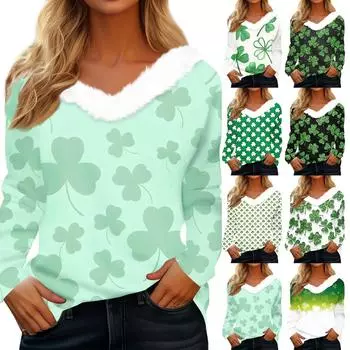 Женский свободный повседневный топ с длинными рукавами и принтом из плюша с V-образным вырезом, топ с длинными рукавами M