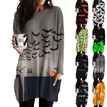 Женский свободный повседневный топ с длинными рукавами и круглым вырезом на Хэллоуин с принтом и карманами XXXL