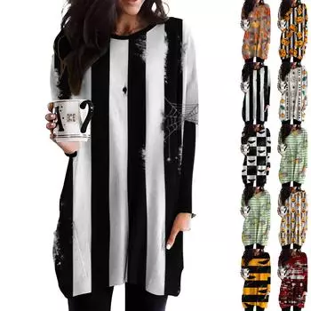 Женский свободный повседневный топ с длинными рукавами и круглым вырезом на Хэллоуин с принтом и карманами S