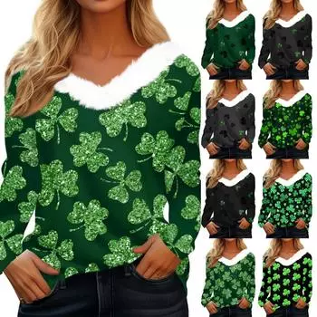 Женский свободный повседневный топ с длинными рукавами и принтом из плюша с V-образным вырезом, топ с длинными рукавами M чёрный