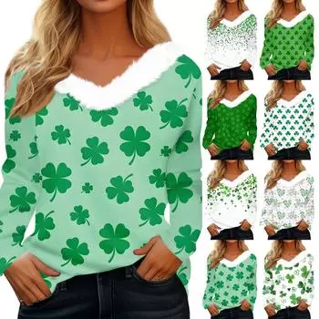 Женский свободный повседневный топ с длинными рукавами и принтом из плюша с V-образным вырезом, топ с длинными рукавами L