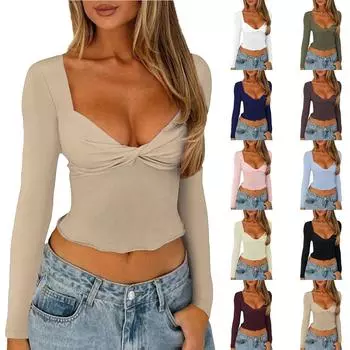 Женский свободный повседневный топ с глубоким V-образным вырезом и длинными рукавами, облегающий топ с V-образным вырезом M синий