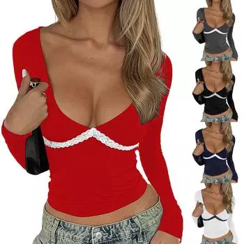 Женский свободный повседневный топ с глубоким V-образным вырезом и длинными рукавами, облегающий топ с V-образным вырезом L белый