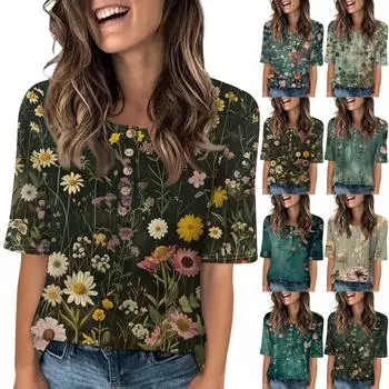 Женский свободный повседневный топ с круглым вырезом и пуговицами с коротким рукавом и цветочным принтом L чёрный