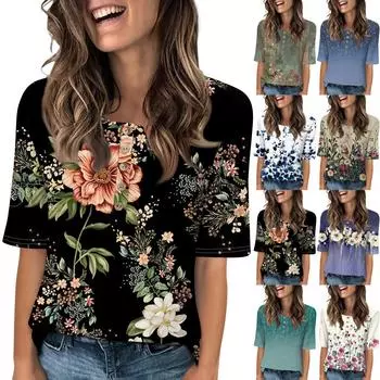 Женский свободный повседневный топ с круглым вырезом и пуговицами с коротким рукавом и цветочным принтом L чёрный