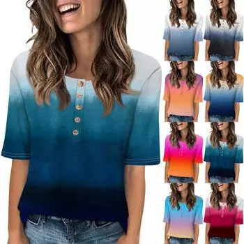 Женский свободный повседневный топ с круглым вырезом и принтом в градиентном стиле на пуговицах и короткими рукавами L циан