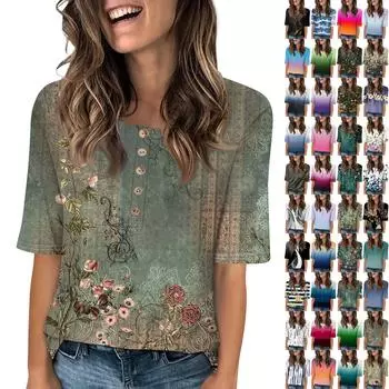 Женский свободный повседневный топ с круглым вырезом и пуговицами с коротким рукавом и цветочным принтом S