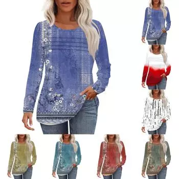 Женский свободный повседневный топ с круглым вырезом и длинными рукавами, модный топ L синий