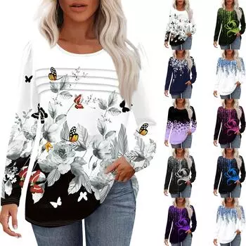 Женский свободный повседневный топ с круглым вырезом и длинными рукавами, модный топ L синий