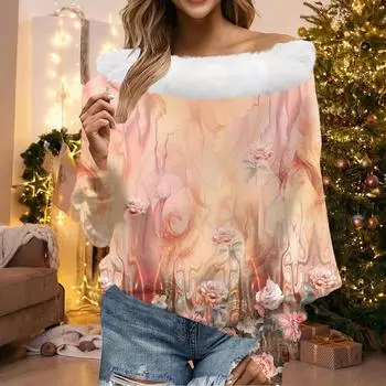 Женский свободный повседневный топ с открытыми плечами из плюшевой ткани в стиле пэчворк с цветочным принтом и линией горловины L бежевый
