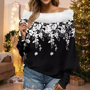 Женский свободный повседневный топ с открытыми плечами из плюшевой ткани в стиле пэчворк с цветочным принтом и линией горловины L чёрный