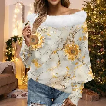 Женский свободный повседневный топ с открытыми плечами из плюшевой ткани в стиле пэчворк с цветочным принтом и линией горловины L бежевый