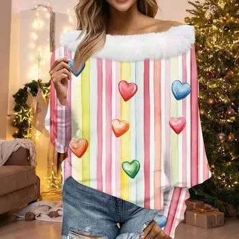 Женский свободный повседневный топ с открытыми плечами и принтом ко Дню святого Валентина из плюша в стиле пэчворк с линией горловины L бежевый