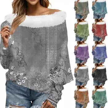 Женский свободный повседневный топ с открытыми плечами из плюшевой ткани в стиле пэчворк с цветочным принтом и линией горловины L армия зеленый