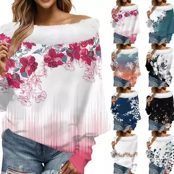 Женский свободный повседневный топ с открытыми плечами из плюшевой ткани в стиле пэчворк с цветочным принтом и линией горловины L бежевый