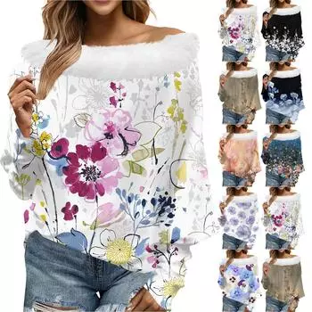 Женский свободный повседневный топ с открытыми плечами из плюшевой ткани в стиле пэчворк с цветочным принтом и линией горловины L бежевый