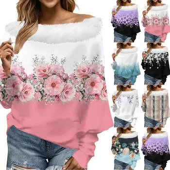 Женский свободный повседневный топ с открытыми плечами из плюшевой ткани в стиле пэчворк с цветочным принтом и линией горловины L чёрный