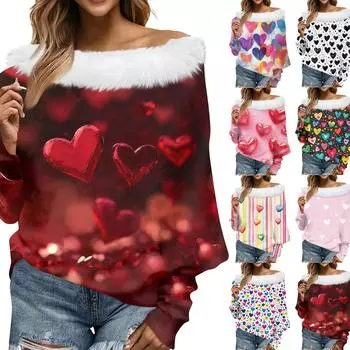 Женский свободный повседневный топ с открытыми плечами и принтом ко Дню святого Валентина из плюша в стиле пэчворк с линией горловины L бежевый