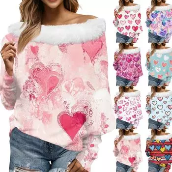 Женский свободный повседневный топ с открытыми плечами и принтом ко Дню святого Валентина из плюша в стиле пэчворк с линией горловины L бежевый