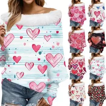 Женский свободный повседневный топ с открытыми плечами и принтом ко Дню святого Валентина из плюша в стиле пэчворк с линией горловины XXL розовый