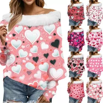 Женский свободный повседневный топ с открытыми плечами и принтом ко Дню святого Валентина из плюша в стиле пэчворк с линией горловины M
