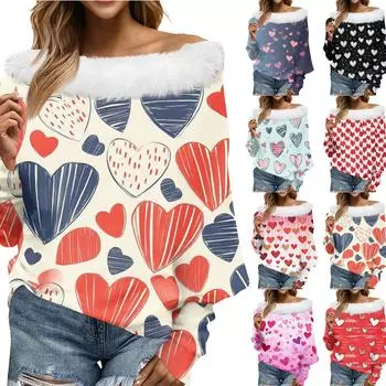 Женский свободный повседневный топ с открытыми плечами и принтом ко Дню святого Валентина из плюша в стиле пэчворк с линией горловины XXL чёрный