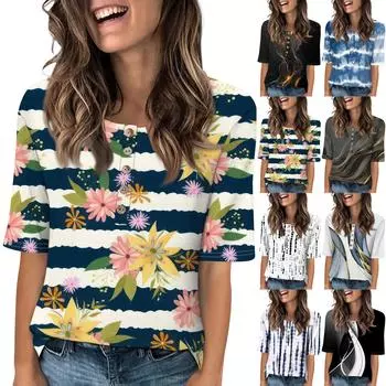 Женский свободный повседневный топ с полосатым принтом, круглым вырезом, пуговицами и коротким рукавом L чёрный