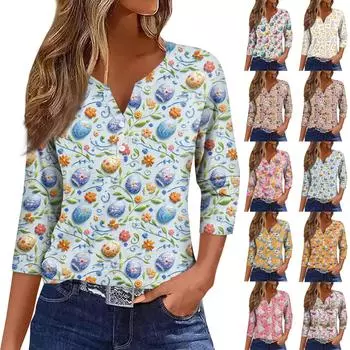 Женский свободный повседневный топ с принтом и V-образным вырезом с рукавами семь четвертей Топ с V-образным вырезом с рукавами семь четвертей L
