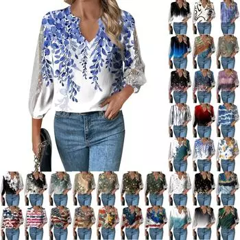 Женский свободный повседневный топ с рукавом 3/4 и v-образным вырезом, кружевная футболка с полыми рукавами и принтом, топ