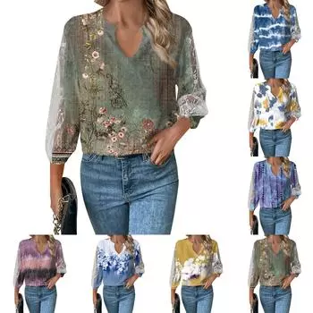 Женский свободный повседневный топ с рукавом 3/4 и v-образным вырезом, кружевная футболка с полыми рукавами и принтом, топ