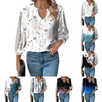 Женский свободный повседневный топ с рукавом 3/4 и v-образным вырезом, кружевная футболка с полыми рукавами и принтом, топ